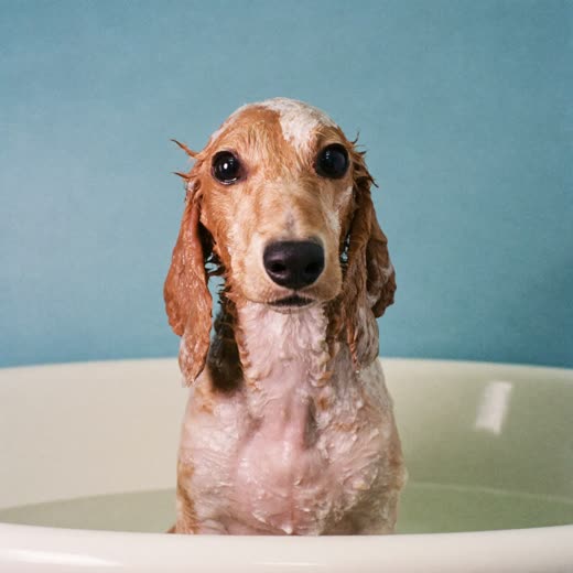 A curly-coated dog being bathed